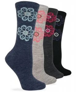 Carolina Hosiery Wise Blend Ladies Merino Wool Blend Flower Crew Socks, Denim