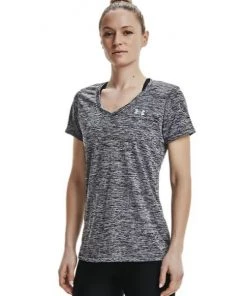 Under Armour Ladies Tech Twist Short-Sleeve V-Neck T-Shirt, Black/Metallic Silver